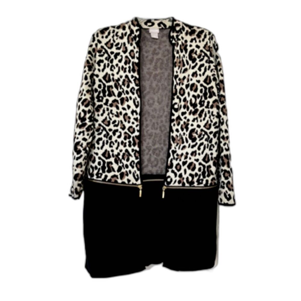 CHICO'S sz 1 sz M Black Animal Print Zip Off Tunic Over-Top Duster Open Cardigan